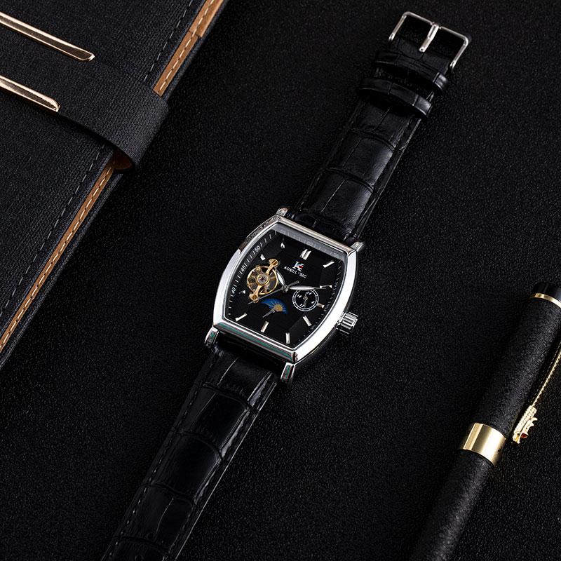 Luxury Automatic Mechanical Watch for Men, Analog Dial, Leather Strap, Moon Phase Display, Minimalist Barrel Design, No Battery Needed