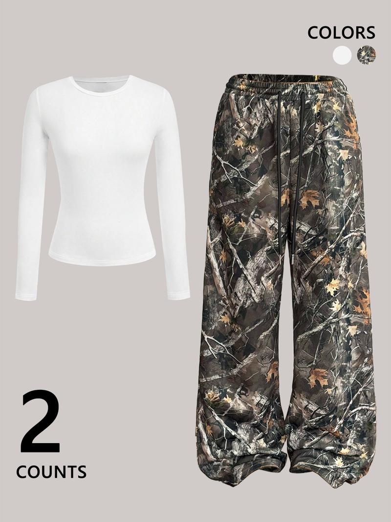 Women's Plain  Top & Camo Print Wide Leg Pants Two-piece Set, Casual Fashion Cozy Round Neck Long Sleeve Top & Trousers for Daily Outdoor Wear, Ladies Clothes for All Seasons