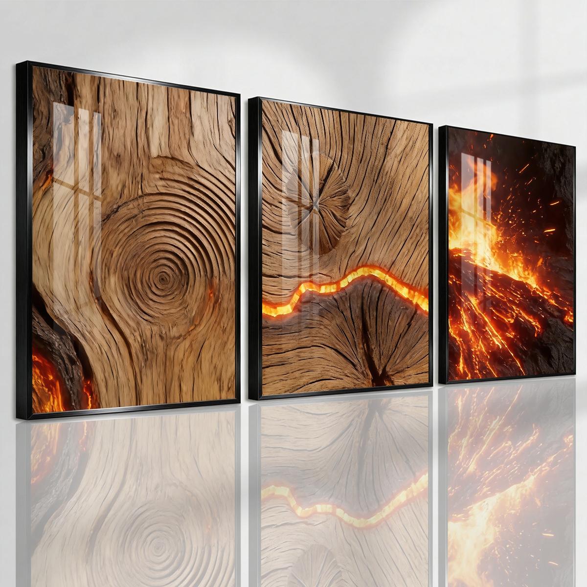 3 Counts Aluminum Alloy Framed Painting, Burning Wood Texture And Flowing Lava Art Pictures, Home Decoration For Living Room, Bedroom, Office, Restaurant, Hallway Wall Decor, Odorless Print Artwork, Luxury Perfect Gift For Friends And Family