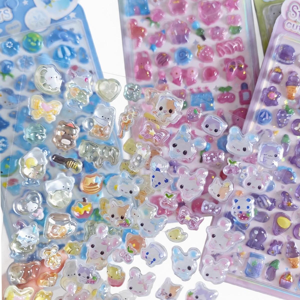 Cartoon 3D Embossed Crystal Sticker, Mixed Color Resin Self-Adhesive Decal, DIY Decoration for Journals, Phone Cases, Notebooks, Semi-Bulk Gifts, Mobile Phone Accessory, Cellphone Accessory