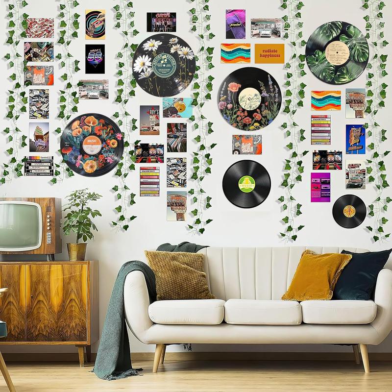 K Studio Hippie Style Decor, Room Aesthetic Poster Set, Plant Wall Art, Record Decoration, 4 Pieces 30cm X 30cm, Home Decor, Wooden Wall Art