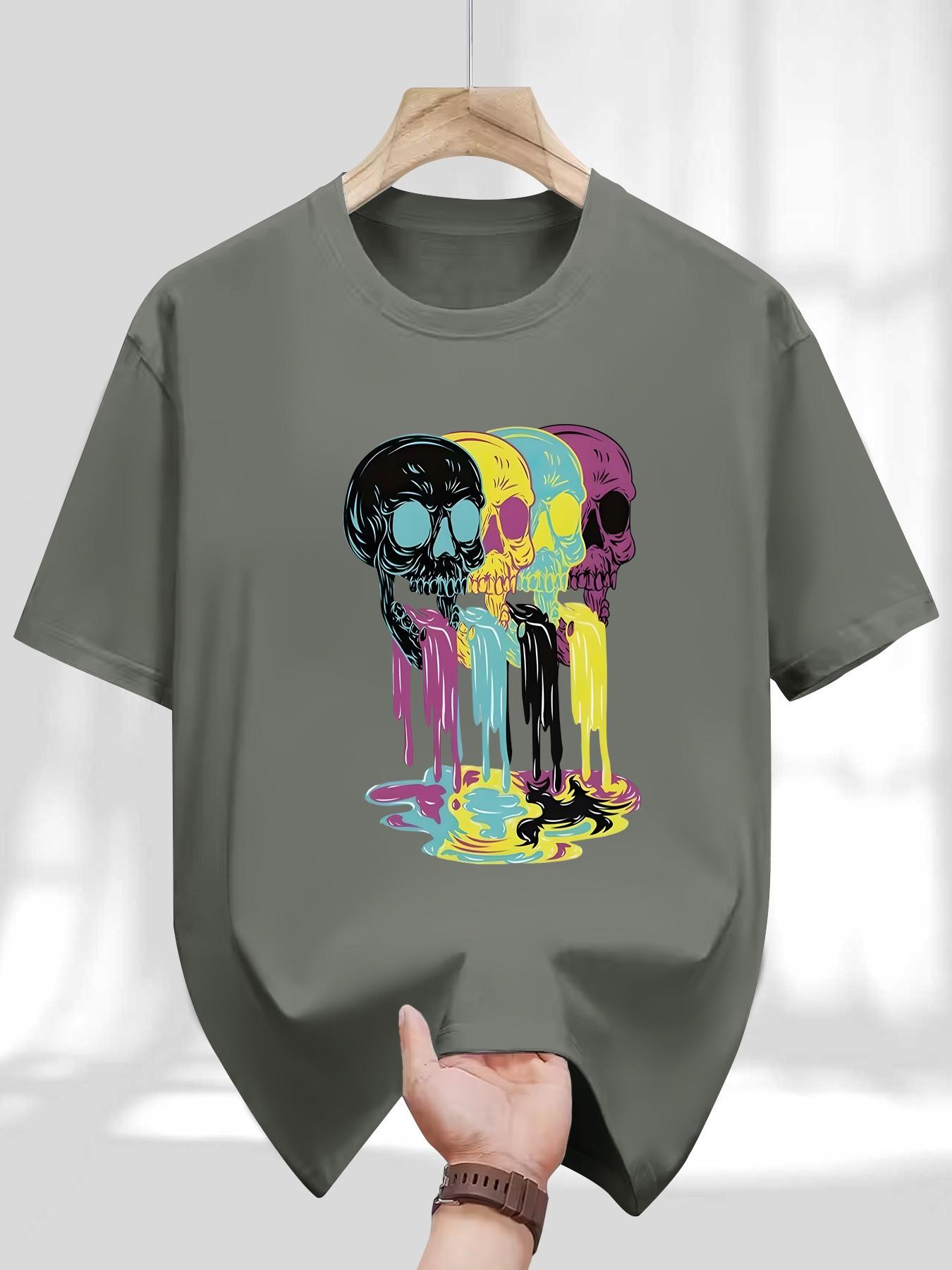 Men's Round Neck T-Shirt, Fashion Colorful Skull Geometric Print, Retro Religious Style, Casual Long Sleeve, Perfect for Daily Wear