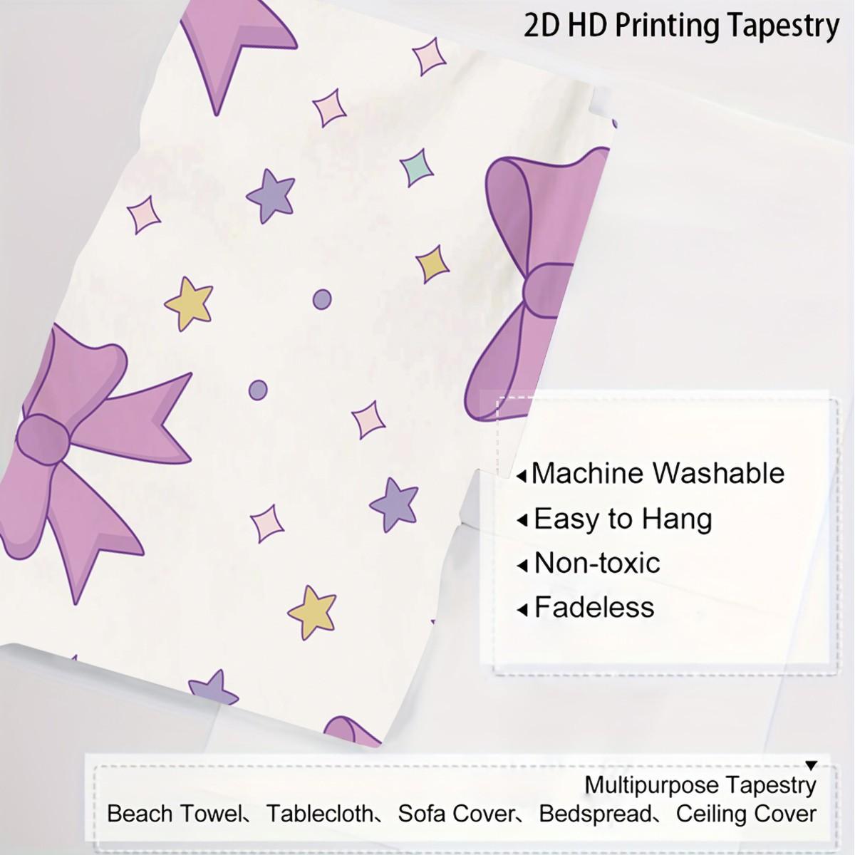 Purple Bow Tapestry, Cute Star Print Wall Hanging, Aesthetic Tapestries Wall Blanket, Coquette Room Decor Backdrop Decor, Soft Fabric Wall Art for Bedroom Living Room Dorm