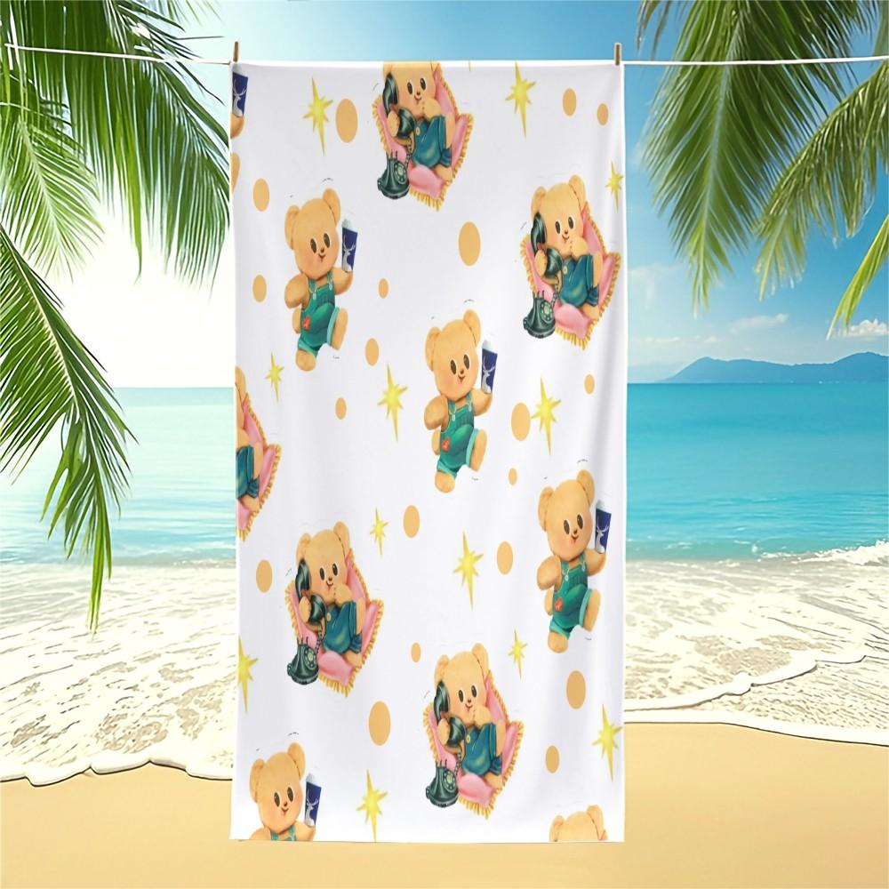 Cute Cartoon Bear Print Beach Towel, Japanese Style Kawaii Teddy Bear with Polka Dots Stars Hearts Pattern, Soft Microfiber Oversized Quick Dry Sand Free Absorbent Towel for Beach, Pool, Swimming, Travel, Camping and Yoga, Japanese Cute Aesthetic Beach Ac