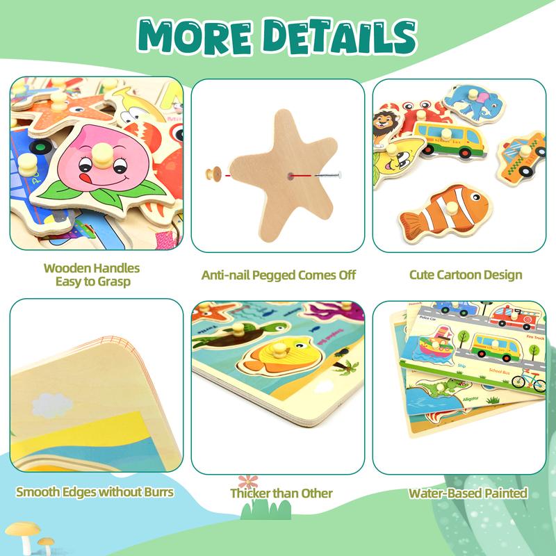 edutree Wooden Peg Puzzles for Toddlers 1 2 3 4, 6 Pack Educational Peg Puzzles Montessori Toys, Learning Puzzles for Kids Girs Boys with Alphabet Number Animal Vehicle Shape, Halloween gift