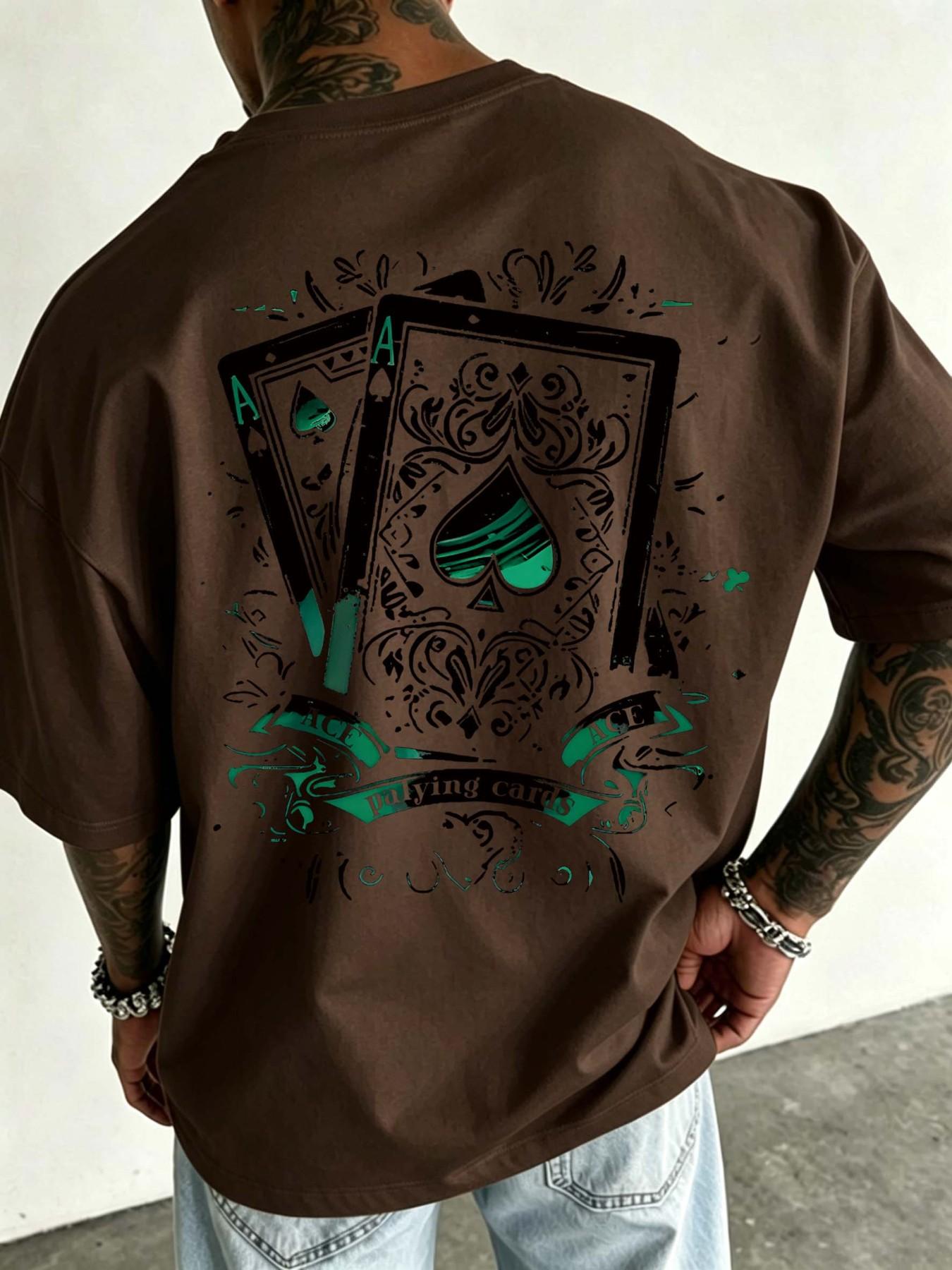 Oversized Spade Pattern T-shirt for Men, 2026 Summer Street Style Poker Printed T-shirt, Retro Y2K Harajuku Casual Cotton Top, Hip Hop Street Style Short Sleeve, Casual Daily Wear