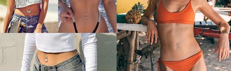 MILACOLATO 14G Belly Bar Belly Button Ring Kit 316L Surgical Steel Dangly Belly Button Piercing Jewellery Long Chain CZ Moonstone Snake Heart Butterfly Belly Bar Pack Silver Gold 10Pcs