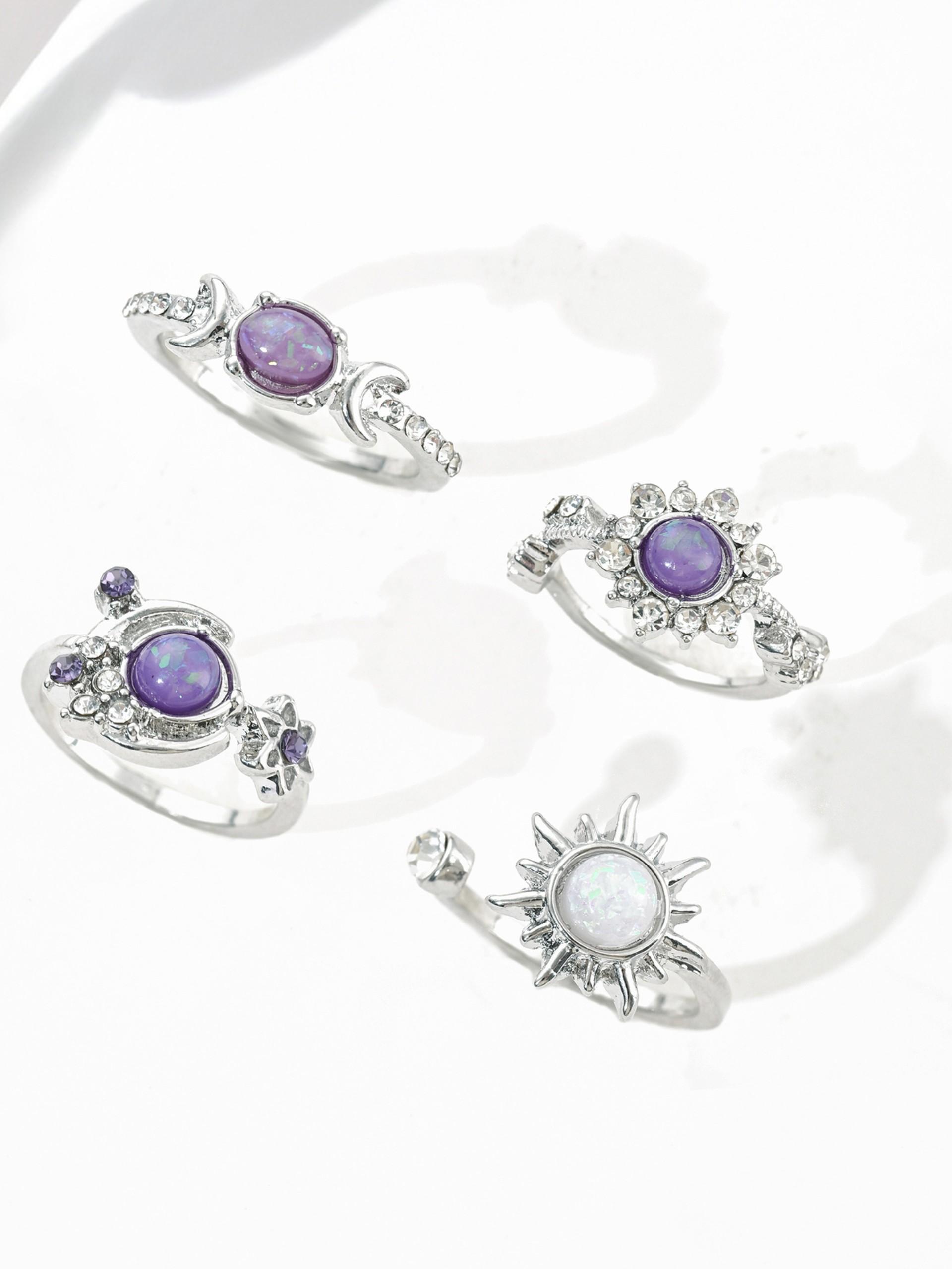 Fashionable Gemstone Ring Set, Sun Moon Diamond Accent Luxury Geometric Rings, High-End Style Jewelry for Women