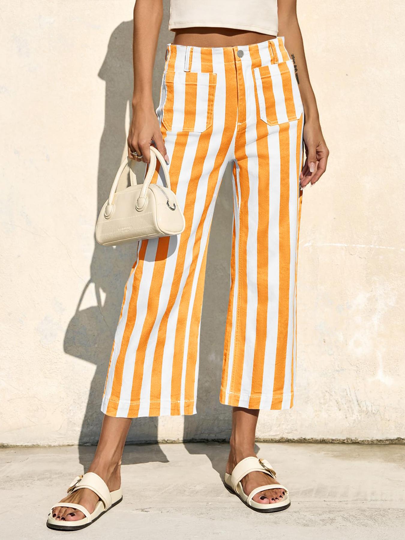 Aswulk Womens Cropped Striped Jeans Casual High Waisted Stretchy Straight Leg Denim Pants with Pockets