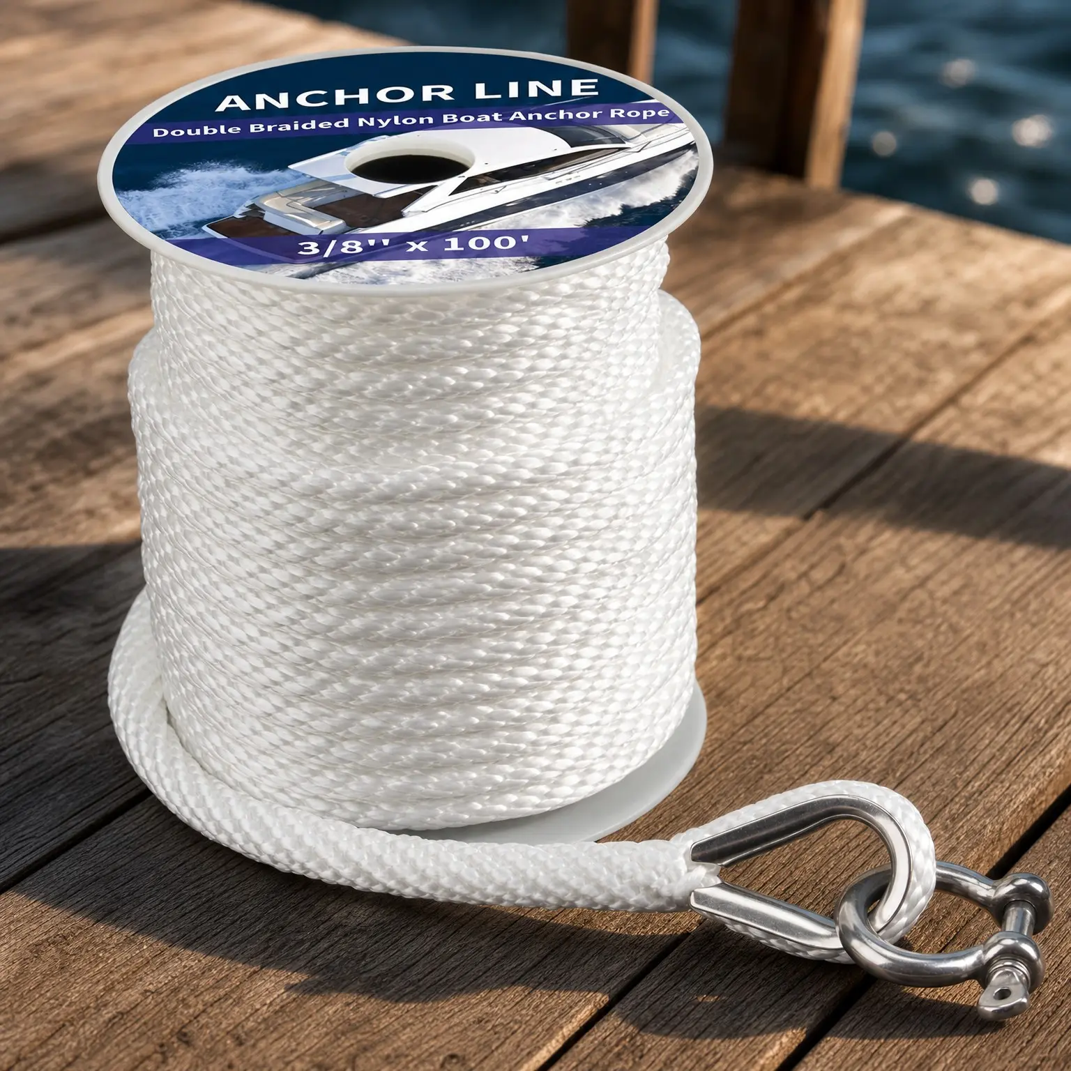 Premium Solid Braid MFP Anchor Line (White, 3/8" x 100') Marine Boat Rope with Stainless Steel Thimble & Shackle, Quality Boat Accessories