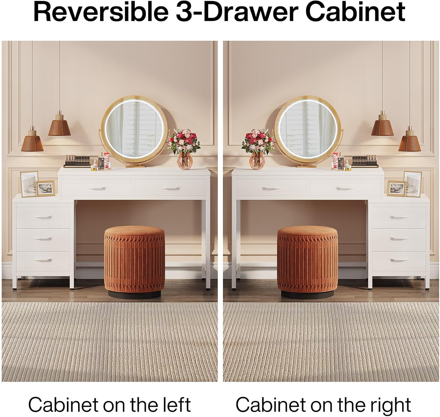 LITTLE TREE Vanity Desk with 5 Drawers, Makeup Vanity Table Dressing Table with Side 3-Drawer Chest, Make Up Vanities for Women, Girls (Without Mirror)