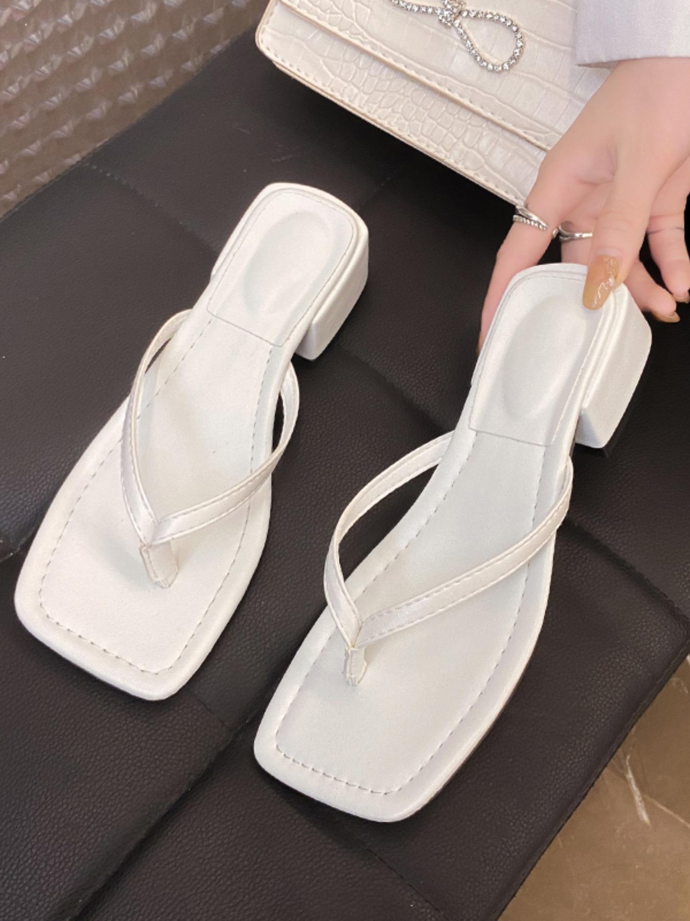 WWomen's Square Toe Block Heel Thong Sandals, Elegant Summer Slip On Shoes for Beach Work Daily Wear