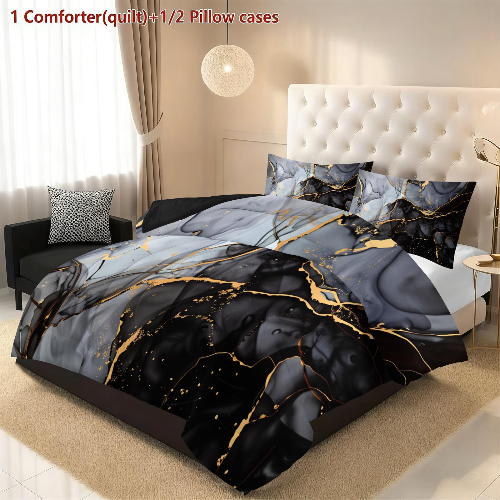 3-Piece Marble Pattern Bedding Set - Soft, Lightweight, Breathable Bedding with 200gcm Quilted Filler, Includes 1 Quilt and 2 Pillowcases (excluding pillow core) Suitable for bedroom and dormitory exclusive decoration for teenagers and adults