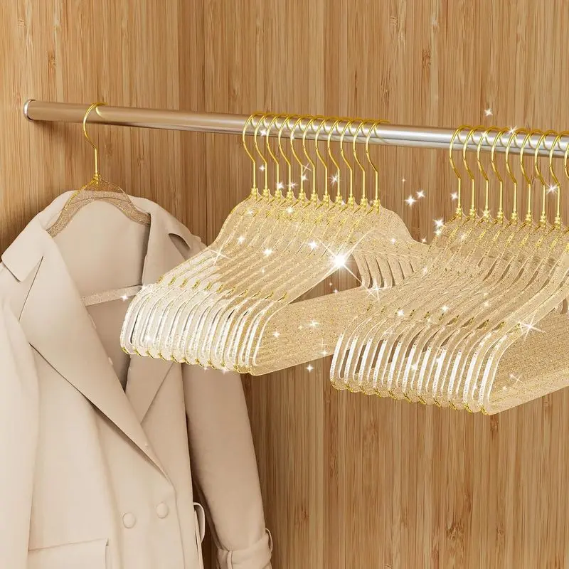 50 Pack Clear Acrylic Hangers with Gold Glitter, Space Saving |   Ultra Slim Coat Hangers with 360 °   Swivel Hook, for Suits, Shirts, Skirts, Pants, Dress Clothes, Lightweight & Non Slip
