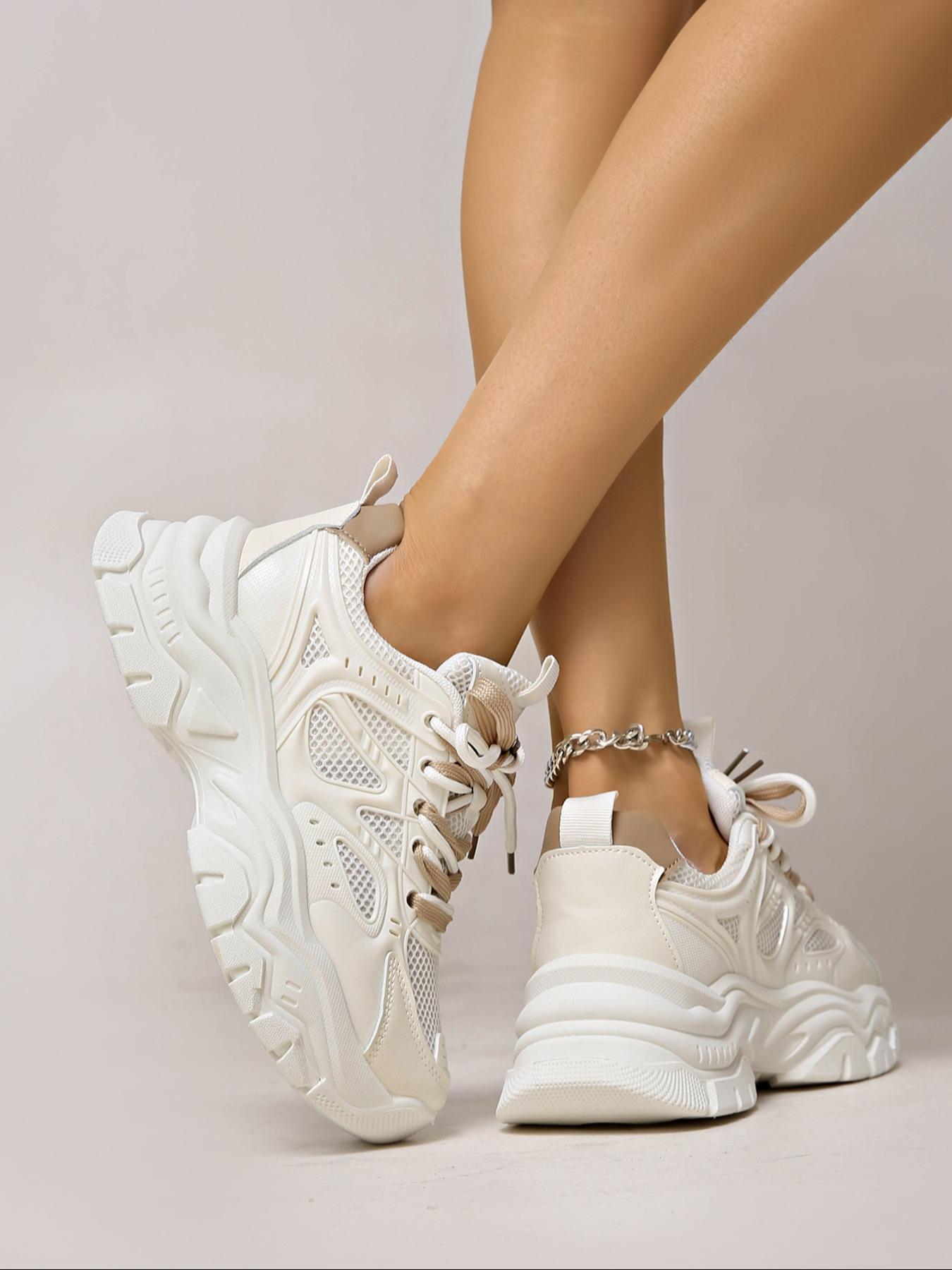 Thick Sole Casual Shoes, Flat Mesh Sneakers, All Seasons Round Toe Lace-Up Dad Shoes, Sizes 36-41 Available