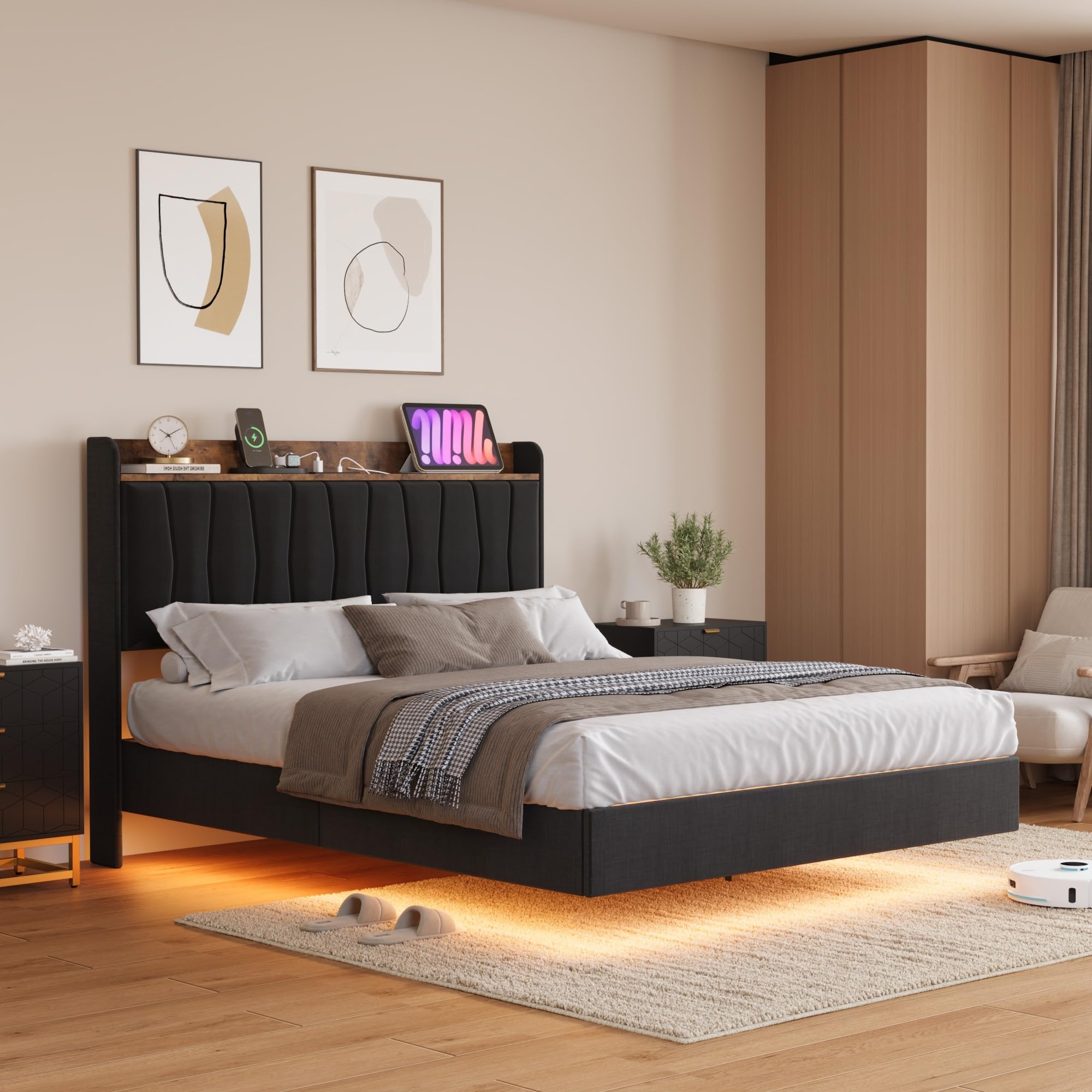 Floating Bed Frame with LED Lights & Charging Station, Upholstered Platform Bed with Storage Headboard, Wood Slats Support, No Box Spring Needed, Easy to Assemble Floating Bed Frame with LED Lights & Charging Station, Upholstered Platform Bed with Storage Headboard, Wood Slats Support, No Box Spring Needed, Easy to Assemble