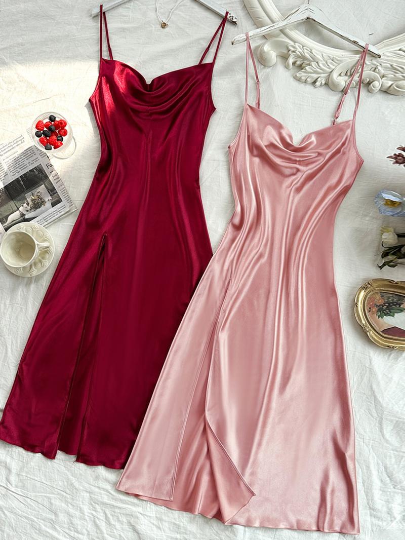 Women's Solid Draped Cowl Neck Cami Nightdress, Casual Comfy Adjustable Spaghetti Strap Nightgown, Ladies Sleepwear for All Seasons, National Day Offers