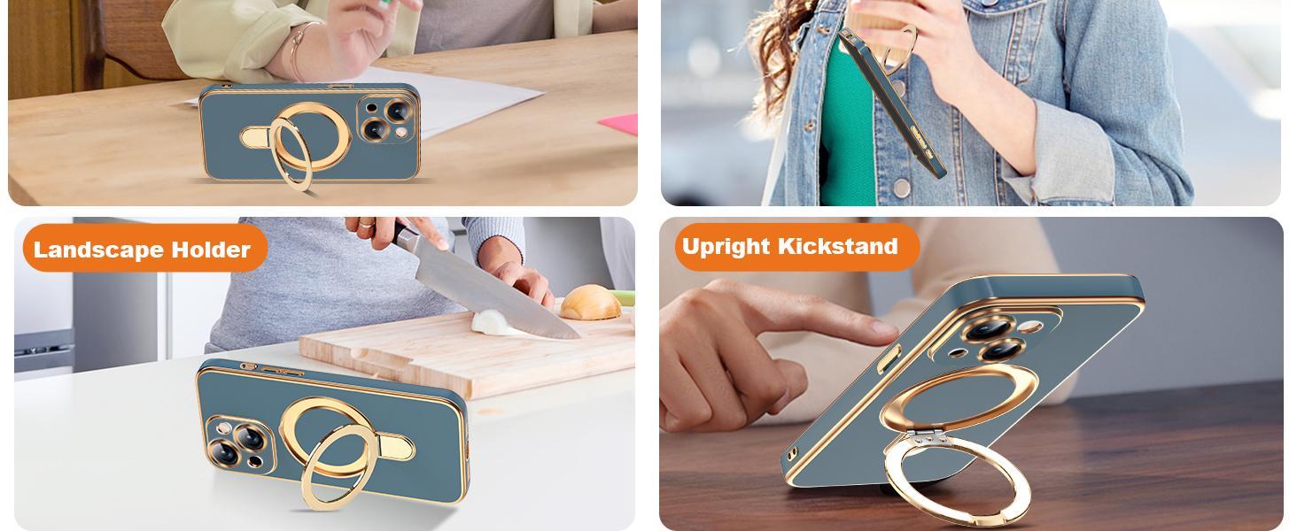 Compatible with iPhone 14 Case with Magnetic Ring Stand [Compatible with Mag-Safe] [Full Camera Lens Protector] Soft Plating Phone Case for iPhone 14 6.1", Grey Blue