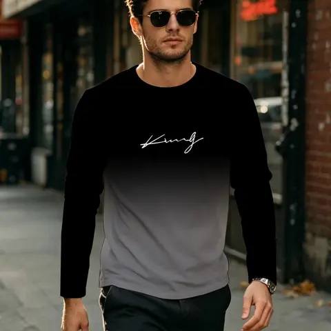 Men's Casual Long Sleeve T-Shirt, Streetwear, Gradient Color, Polyester, Round Neck, King Letter Print, Fitted H-Type Design
