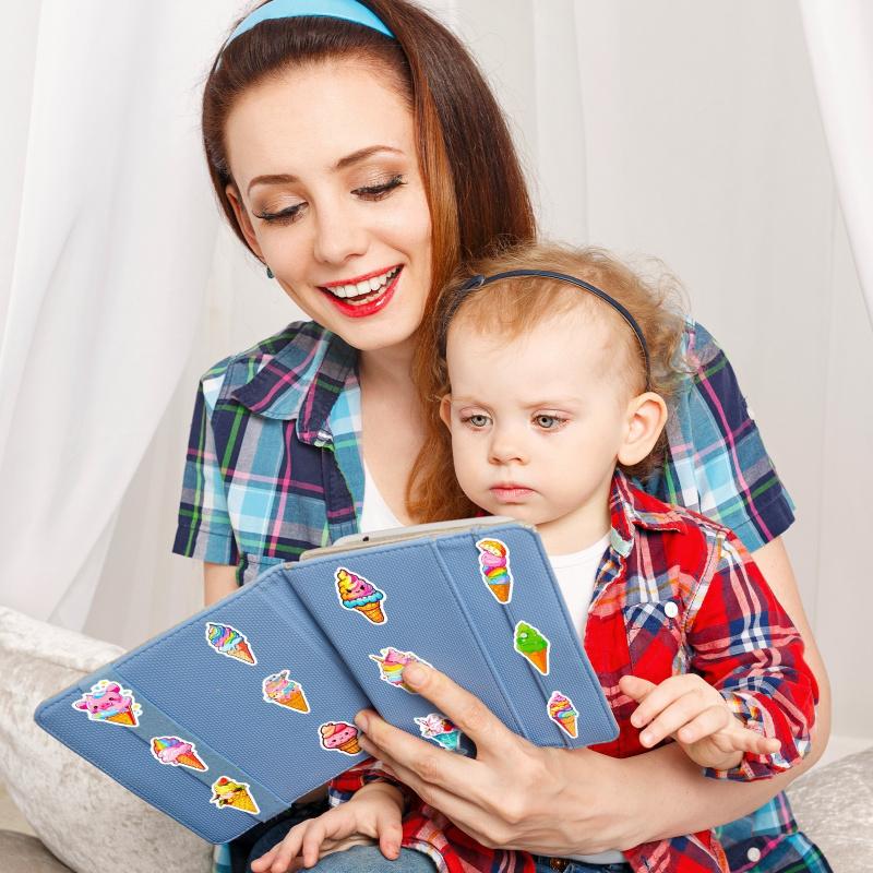 50 sheets colorful ice cream cone stickers, featuring an Instagram-inspired summer theme, showcasing cute designs of chocolate ice cream cones and graffiti-style stickers