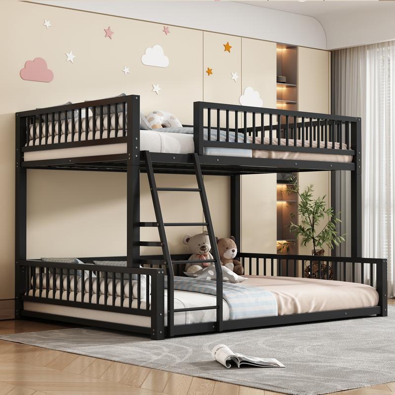 Modern Full XL Over Queen Bunk Bed Frame, Metal Floor Bunk Bed Frame with Ladder & Guardrails, No Spring Box Needed, That Can Separate, Black