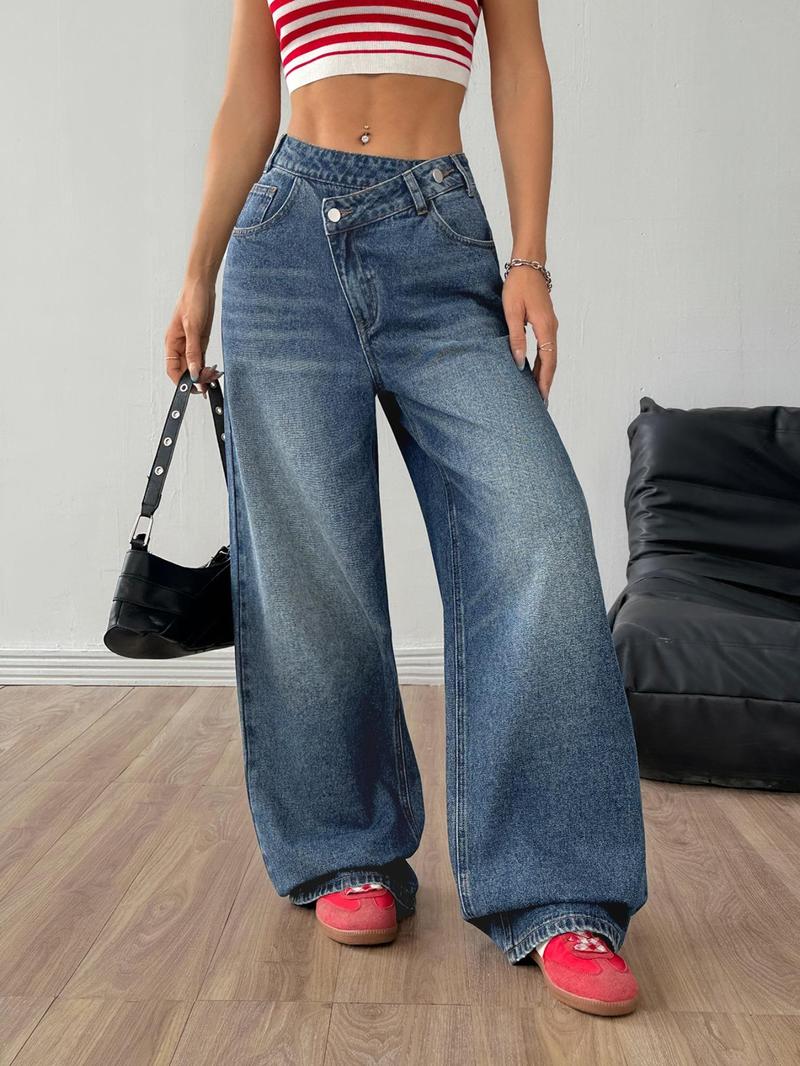 OBlue Jeans Women's Plain Asymmetrical Waist Button Baggy Stacked Jeans, Fashion Casual Denim Jeans for Daily Wear, Ladies Bottoms for All Seasons