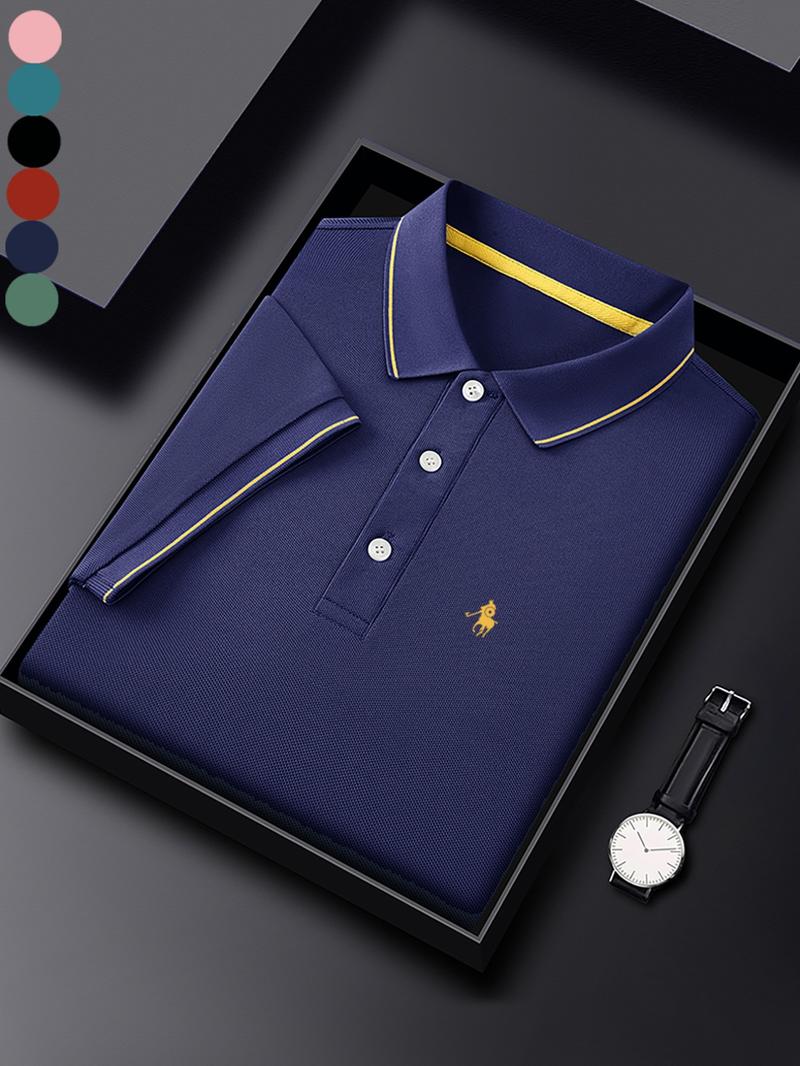 Men's Regular Fit Letter Embroidery Contrast Trim Polo Shirt, Casual Short Sleeve Half Zip Top for Summer, Fashion Men's Clothes for Daily Wear, Gamis, Solid Zipper Polo