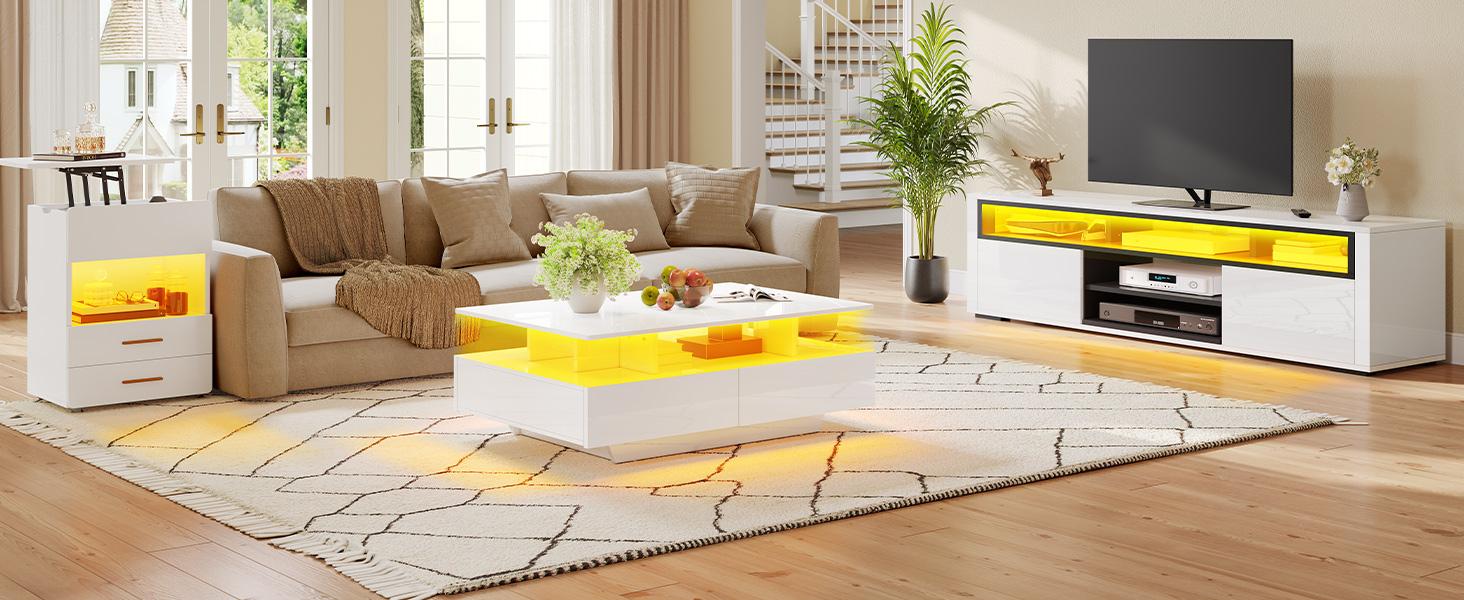 DWVO LED Coffee Table with Storage, High Glossy LED Coffee Tables for Living Room, Small Center Table with Open Display Shelf & Sliding Drawers