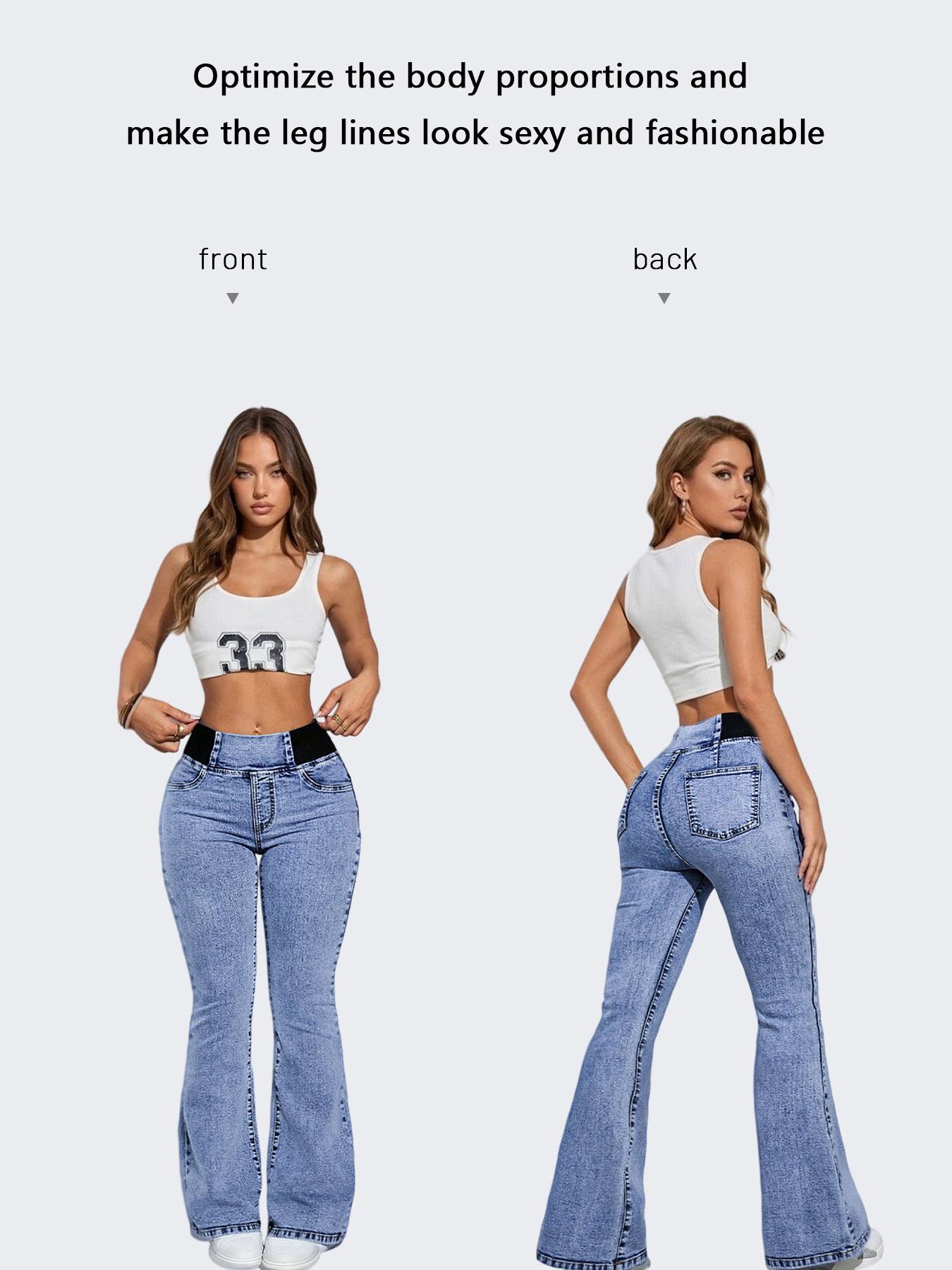 GILIPUR Y2K 2026 Women's Back Shirred Jeans, Pants, Mid-High Waist Elastic Waist Flared Jeans, With Pockets, Light Blue Washing Process, Waist-Cinching Design, Yes Denim, Bootcut Jeans, T-Chic