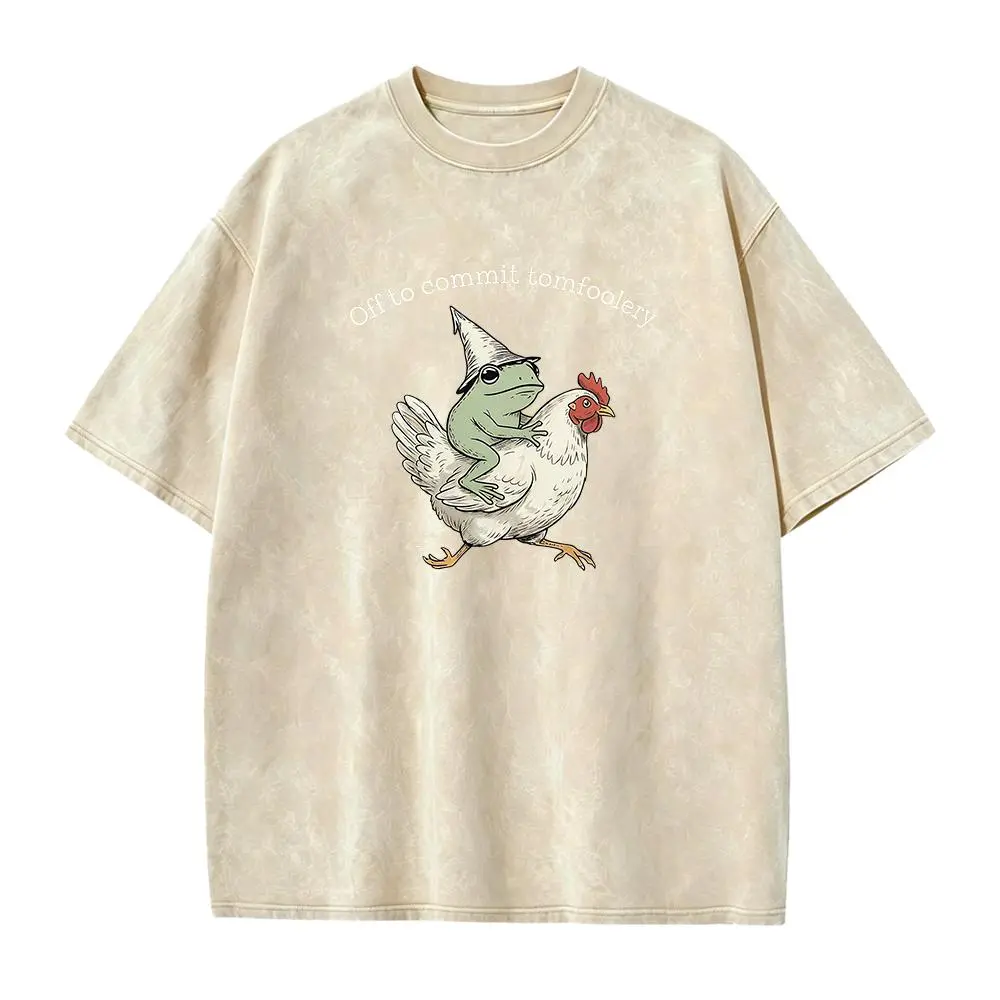 Men's Short-Sleeve Seamless Cotton Fabric Casual T-Shirt - Frog Riding Chicken Graphic, Sarcastic "Off to Commit Tomfoolery" Tee, Shortsleeve, Round Neck, Smooth, Soft, Solid, Funny Graphic Tee