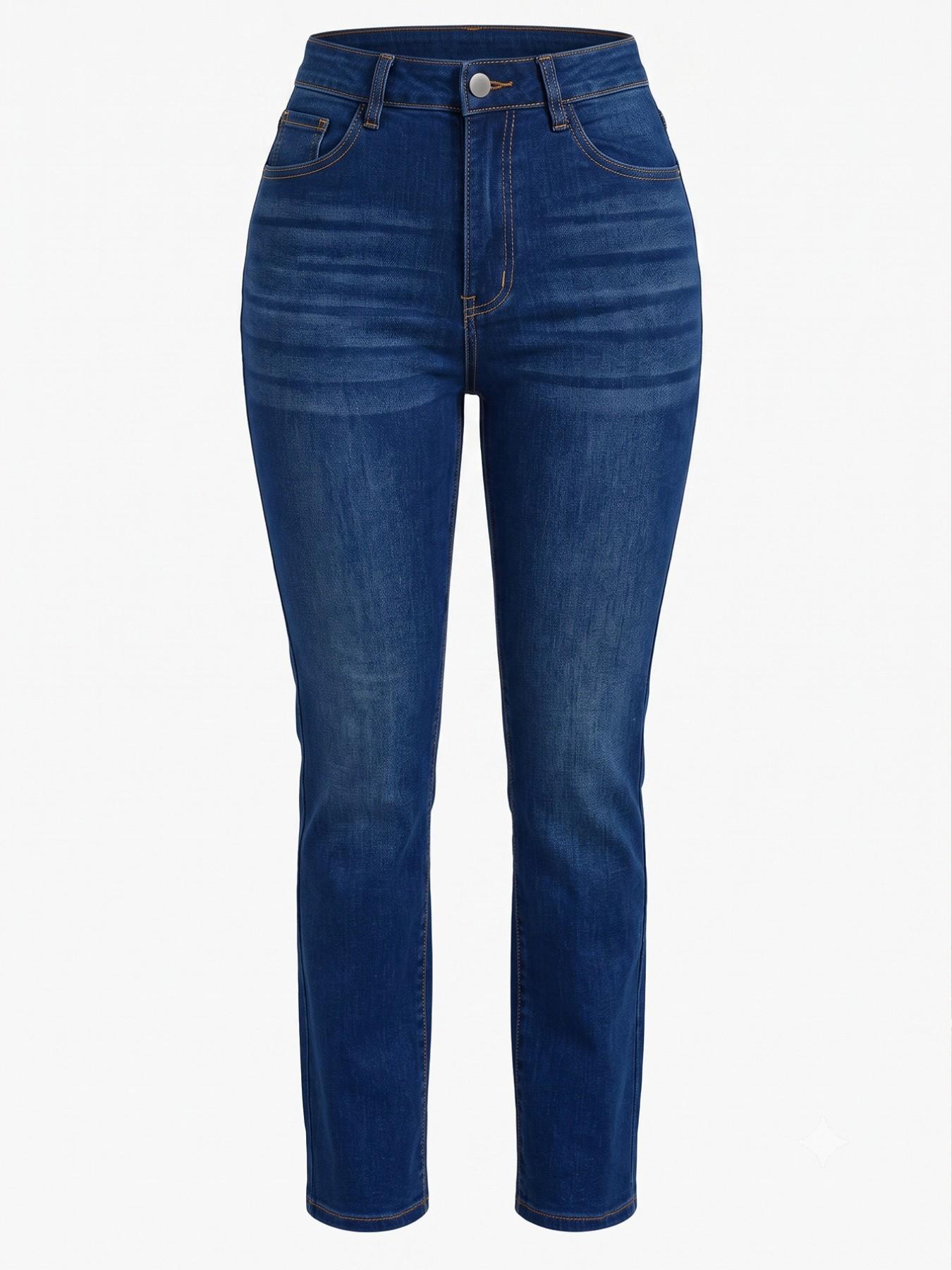 Women's Dark Wash High Waisted Fleece Lined Stretch Slim Fit Cropped Ankle Jeans, Classic Daily Casual Fashion Denim for Shopping Office, Fall Winter