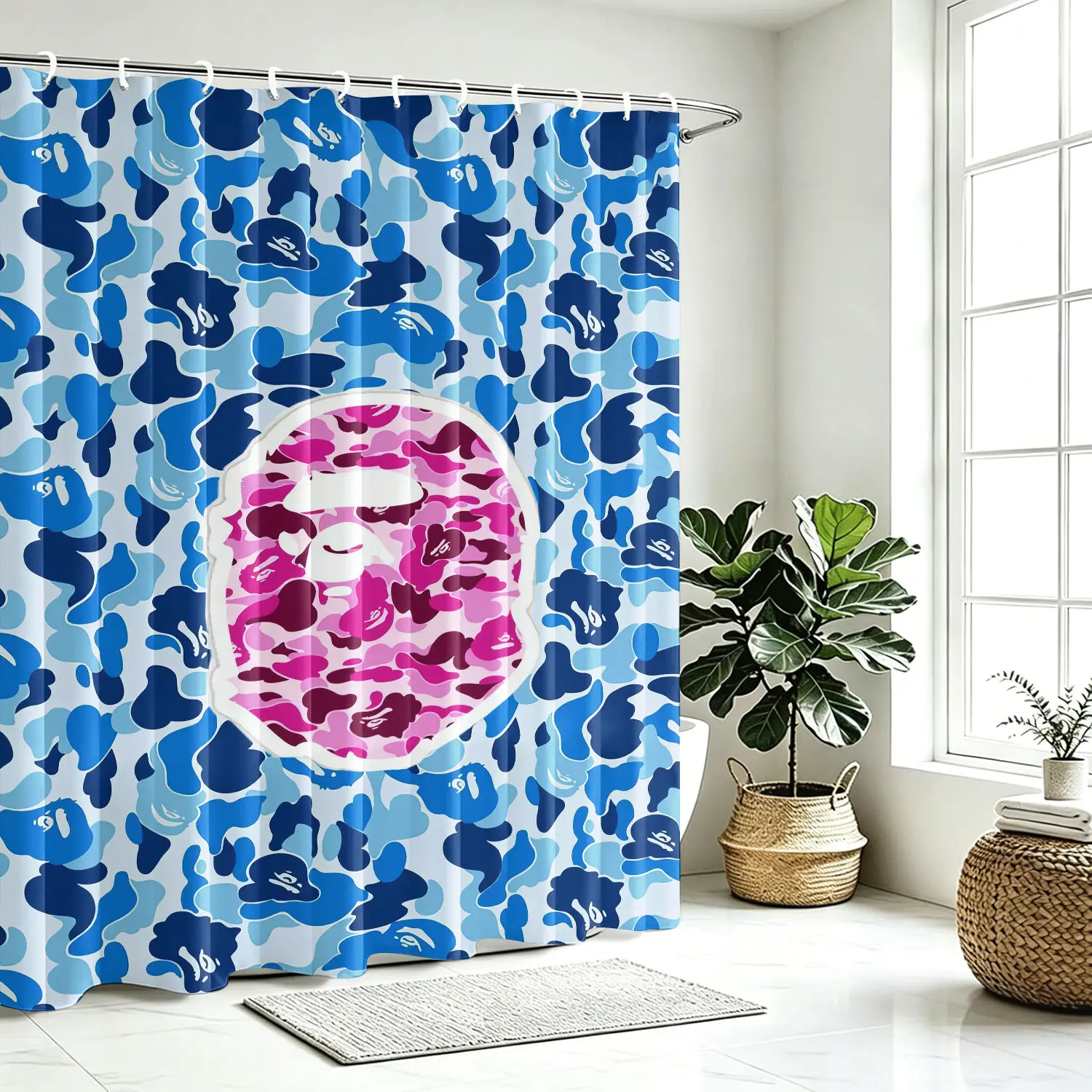 Waterproof Fabric Decorative Shower Curtain With Hooks, Featuring A Camouflage Ape Head Print. Made Of Waterproof And Mildew-Resistant Polyester/Peva, Suitable For Bathroom Decoration For Teenagers And Children. Machine Washable Bathroom Shower Curtains.