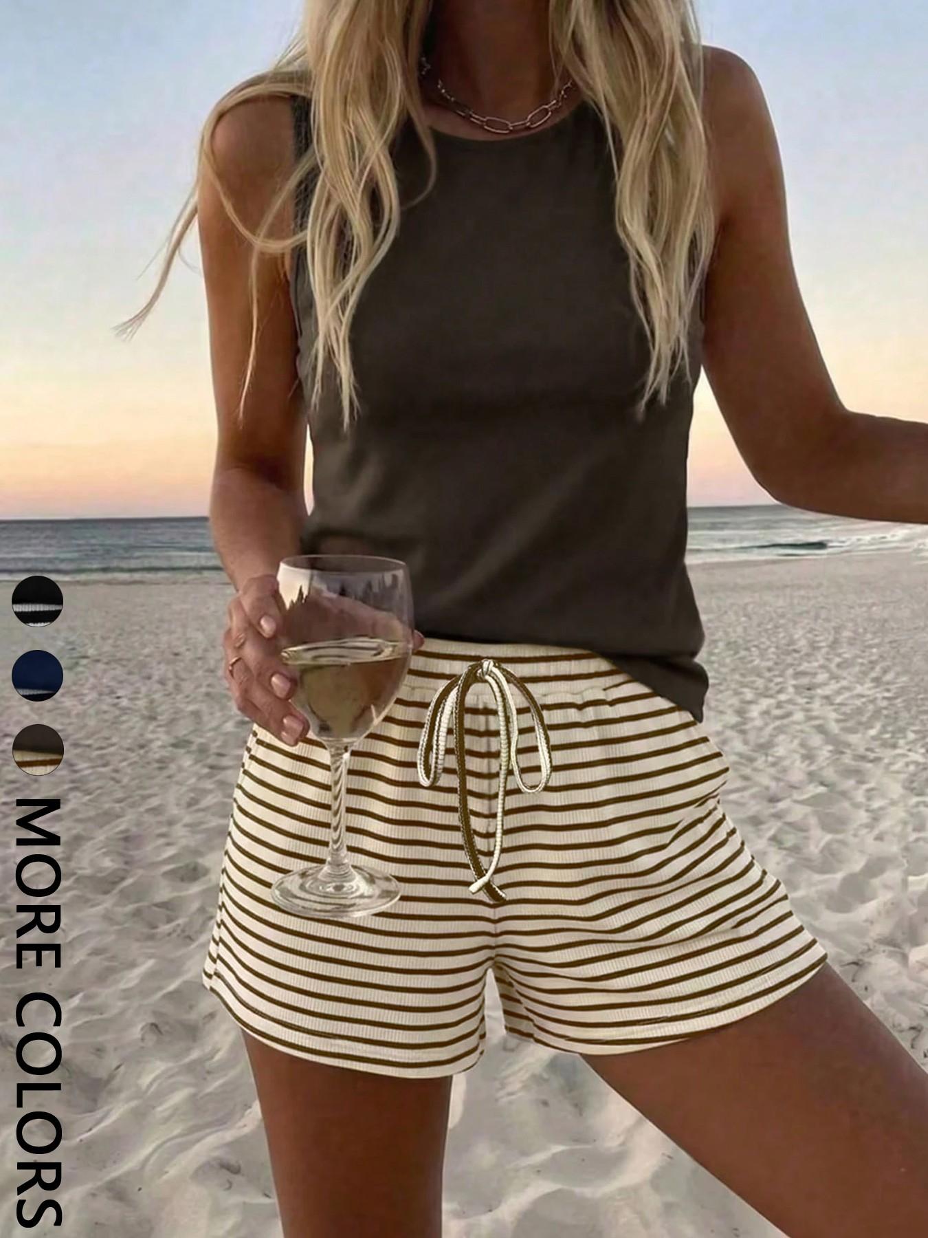 Summer Round-Neck Sleeveless Vest & Striped Shorts Beach Set, Casual Slim-Fit Matching Set
