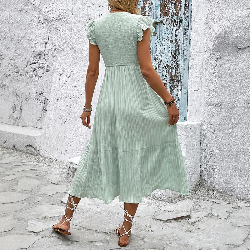 2026 Euro-American Summer New V-Neck Slit Fresh Light Green Textured Dress | Premium Feel, Elegant & Slimming, Perfect for Daily & Vacation