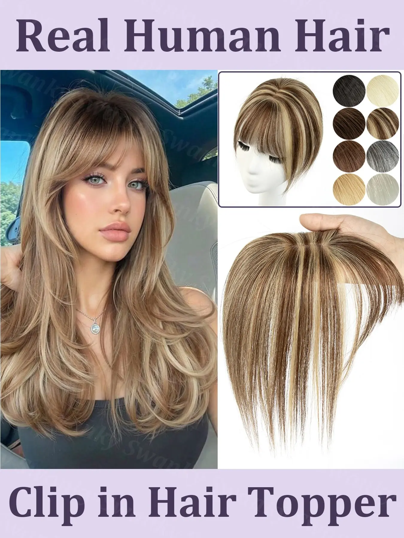 Balayage Human Hair Topper 8inch-14inch Real Natural Straight Top Human Hair Piece Center Part with Air Hair Bangs Thinning Hair for Women Human Hair Highlight