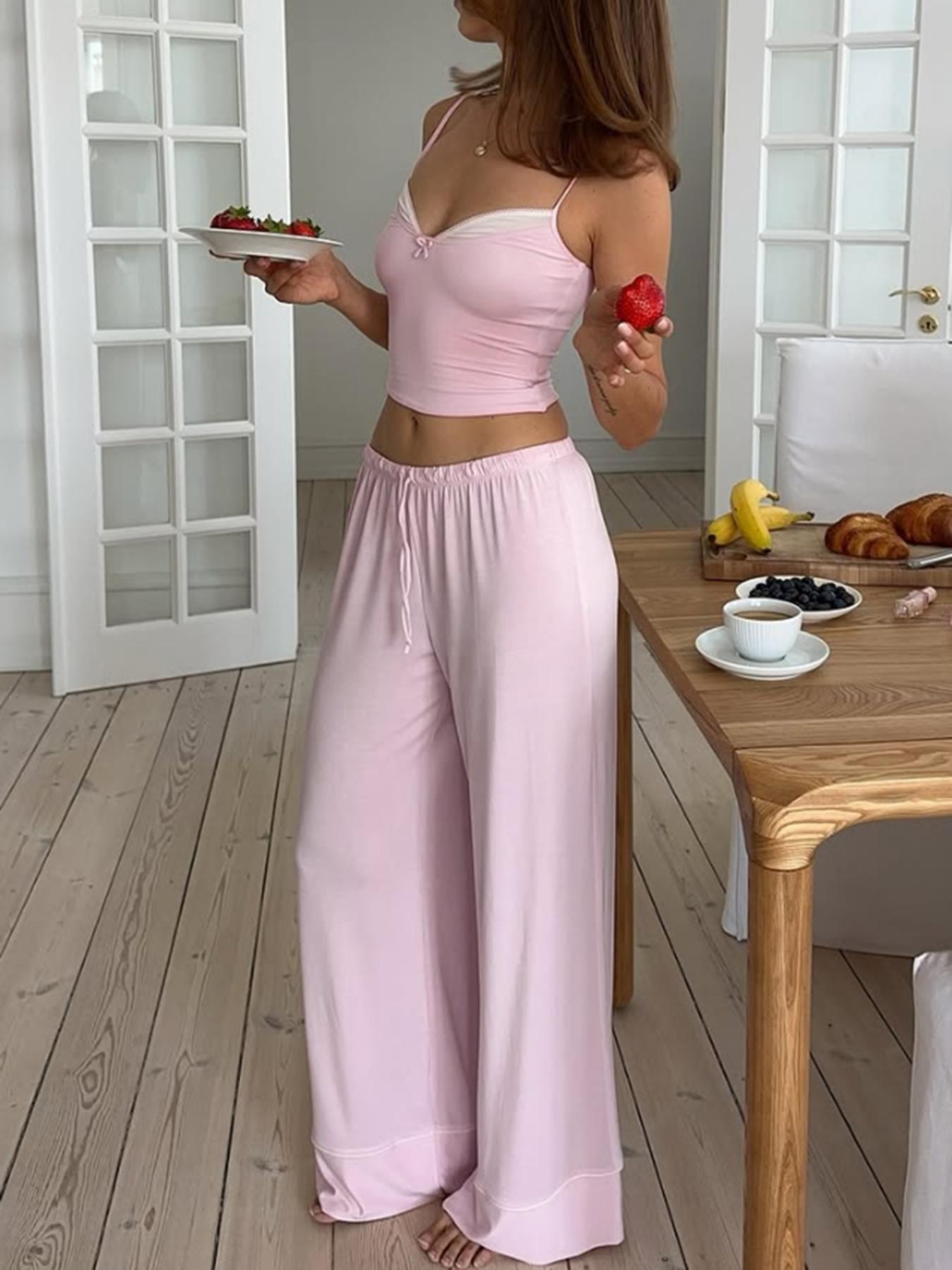 Pure Color Casual Home Cami Short Top Long Pants Two-Piece Set, Fitted Crop/short Length, Thin Fabric, Fall Season, Plain Pattern