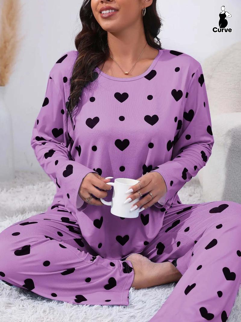 Plus Size Heart Print Drop Shoulder Pyjama Set, Casual Comfy Long Sleeve Round Neck Top & Trousers PJ Set, Pajamas, Summer Outfits 2024, Women's Sleepwear for Spring & Fall