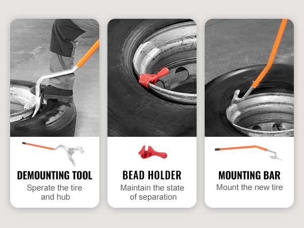 VEVOR Tire Mount Demount Tool, 22.5-24.5 Manual Steel Tire Changer Mount Demount Removal Tool, with Extra Bead Holder, Tubeless Truck Bead Breaker, 3 PCS Tire Changing Tools, Orange