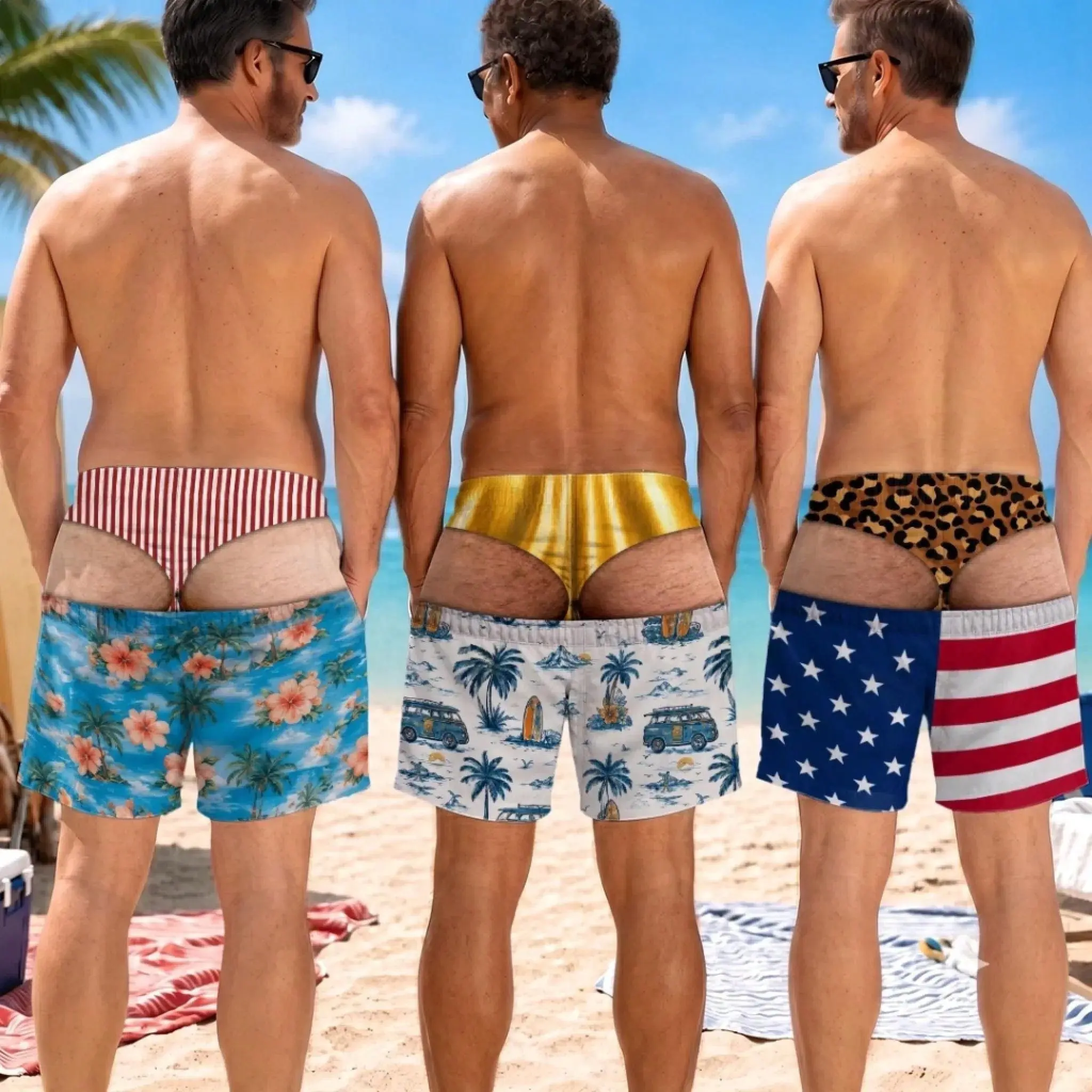 Funny Men's Swim Trunks, Custom Fake Underwear Beach Shorts, Wide Load Birthday Gag Gift For Him