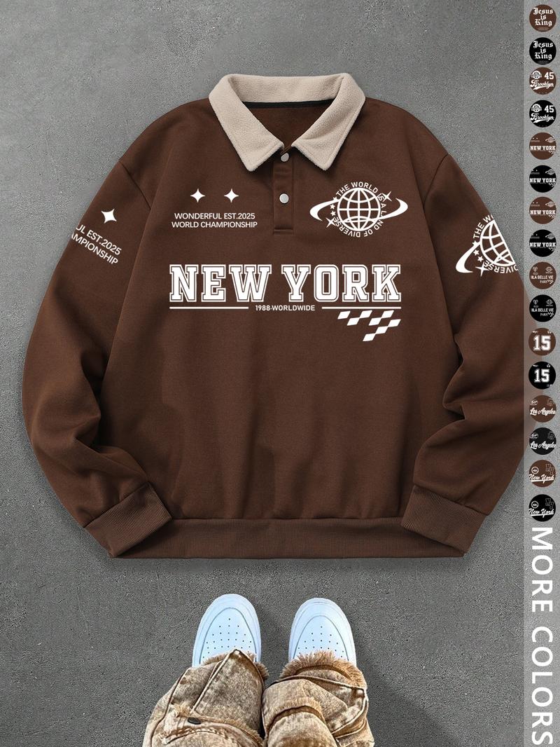 Unisex Y2K Style New York Letter Print Polo Sweatshirt, Thick Retro British Aesthetic Lamb Wool Collar Pullover for Streetwear Casual Wear