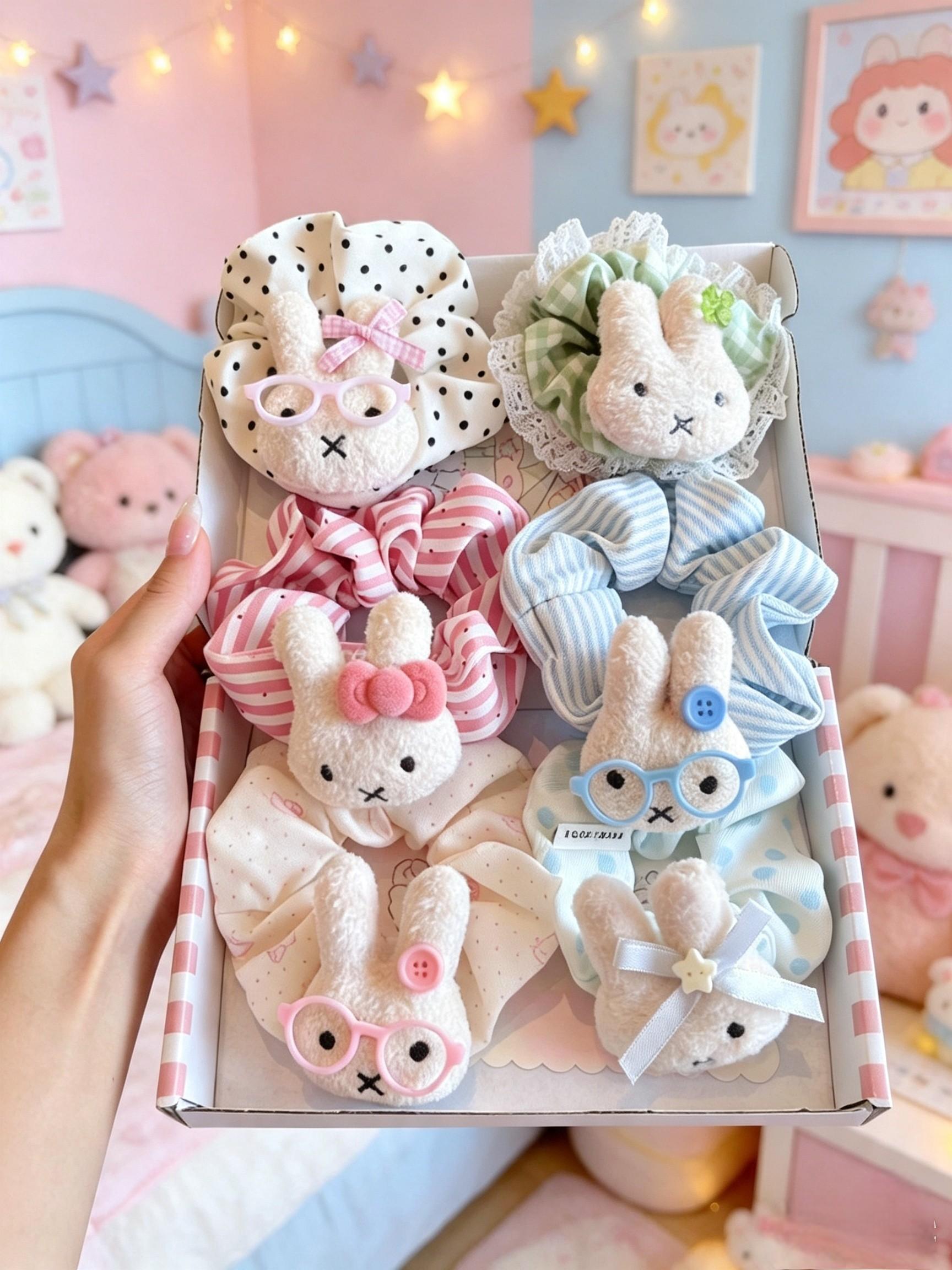 6pcs Easter Day Hair Scrunchies Bowknot, Candy Color Rabbit Hair Ties, Elastic Bands for Thick Curly Hair, Ponytail Holders for Women Men