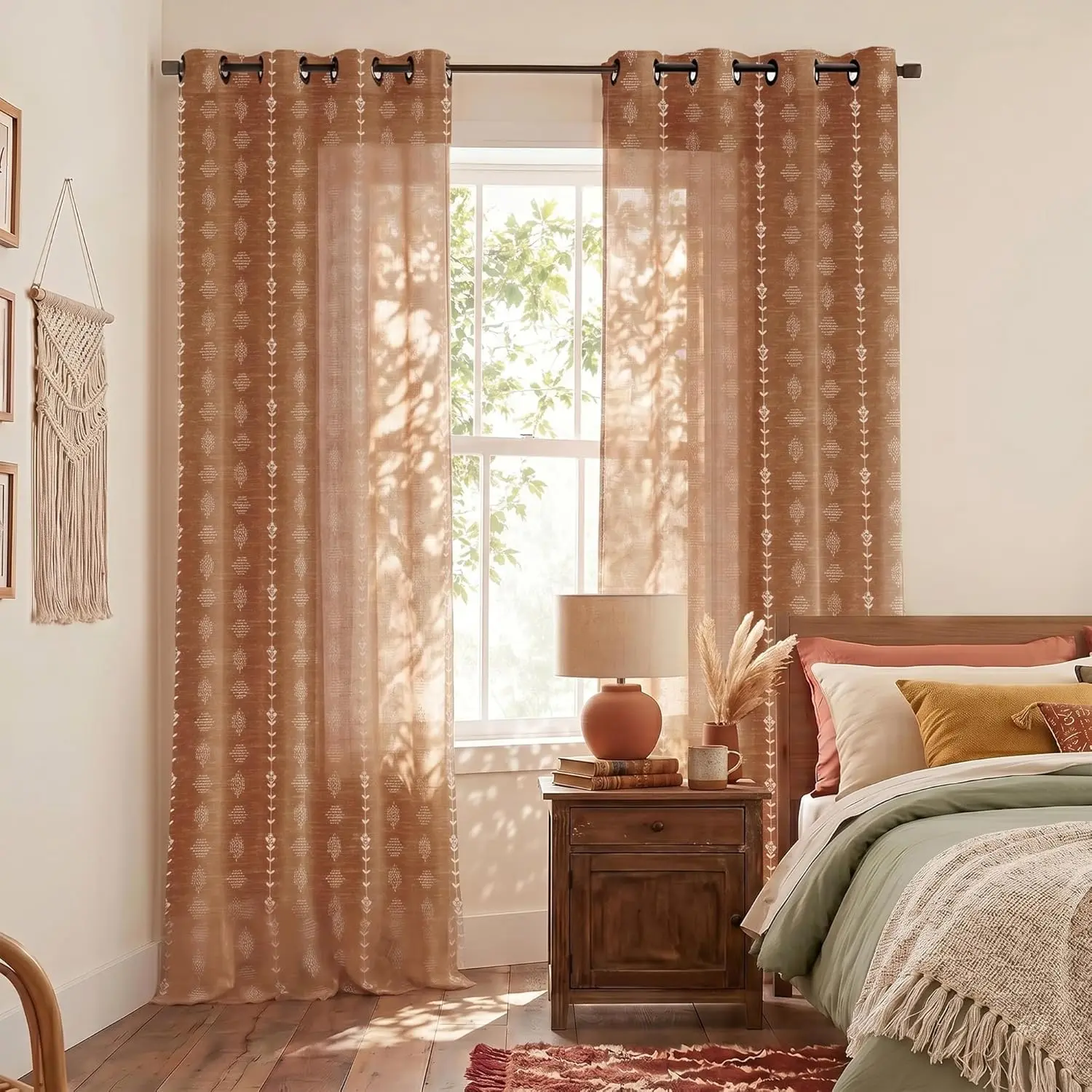 2-Panel 84-Inch Terracotta Boho Curtains - Burnt Orange Vintage Floral Aztec Sheer Drapes, Rust Grommet-Hang Drapes for Boho Farmhouse Decor, Bedroom Living Room