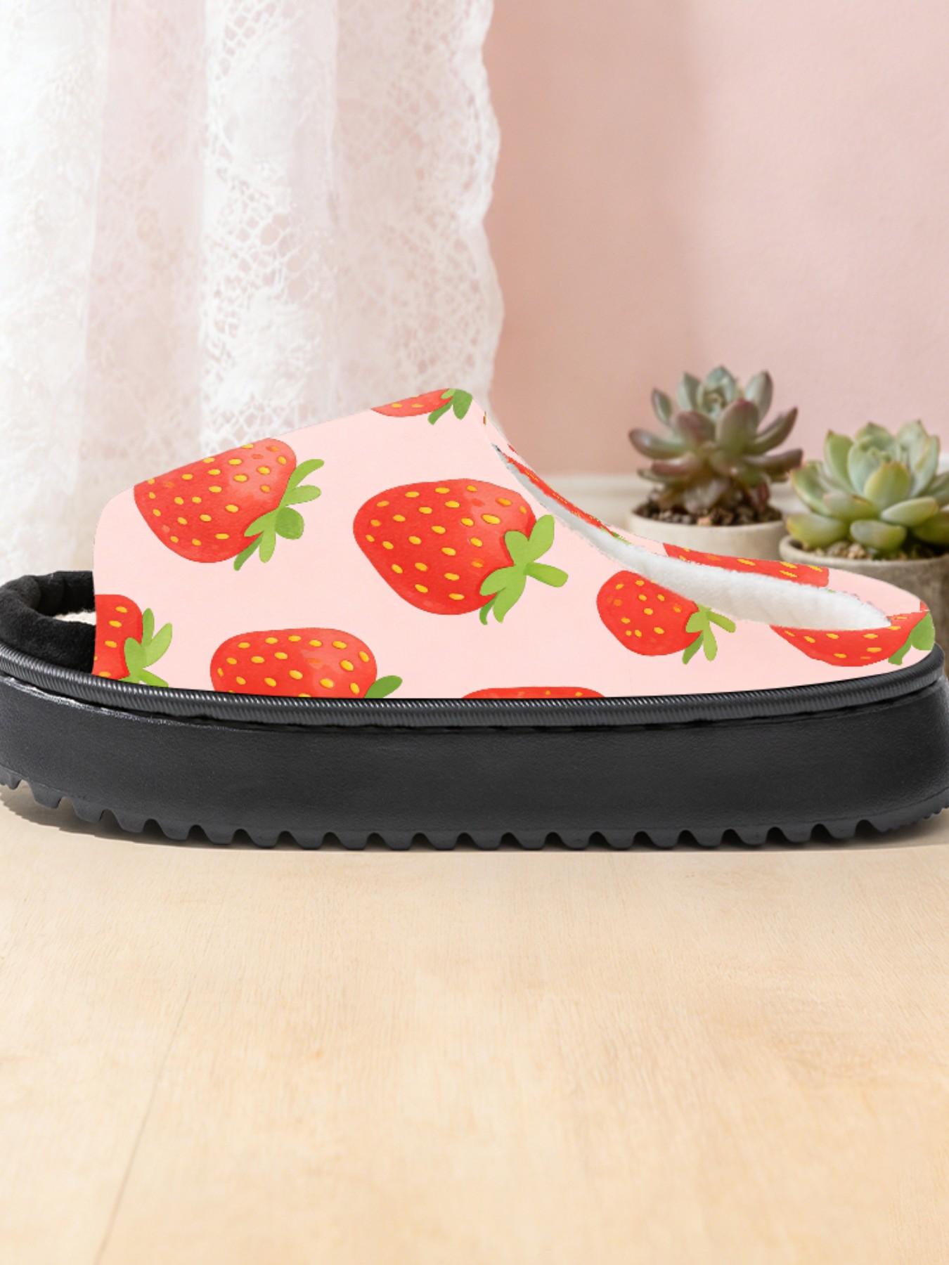 Sweet Strawberry Print Linen Open-Toe Sandals, Casual Textile Eva Sole, Less Than Ankle Height, All Seasons Cartoon Pattern