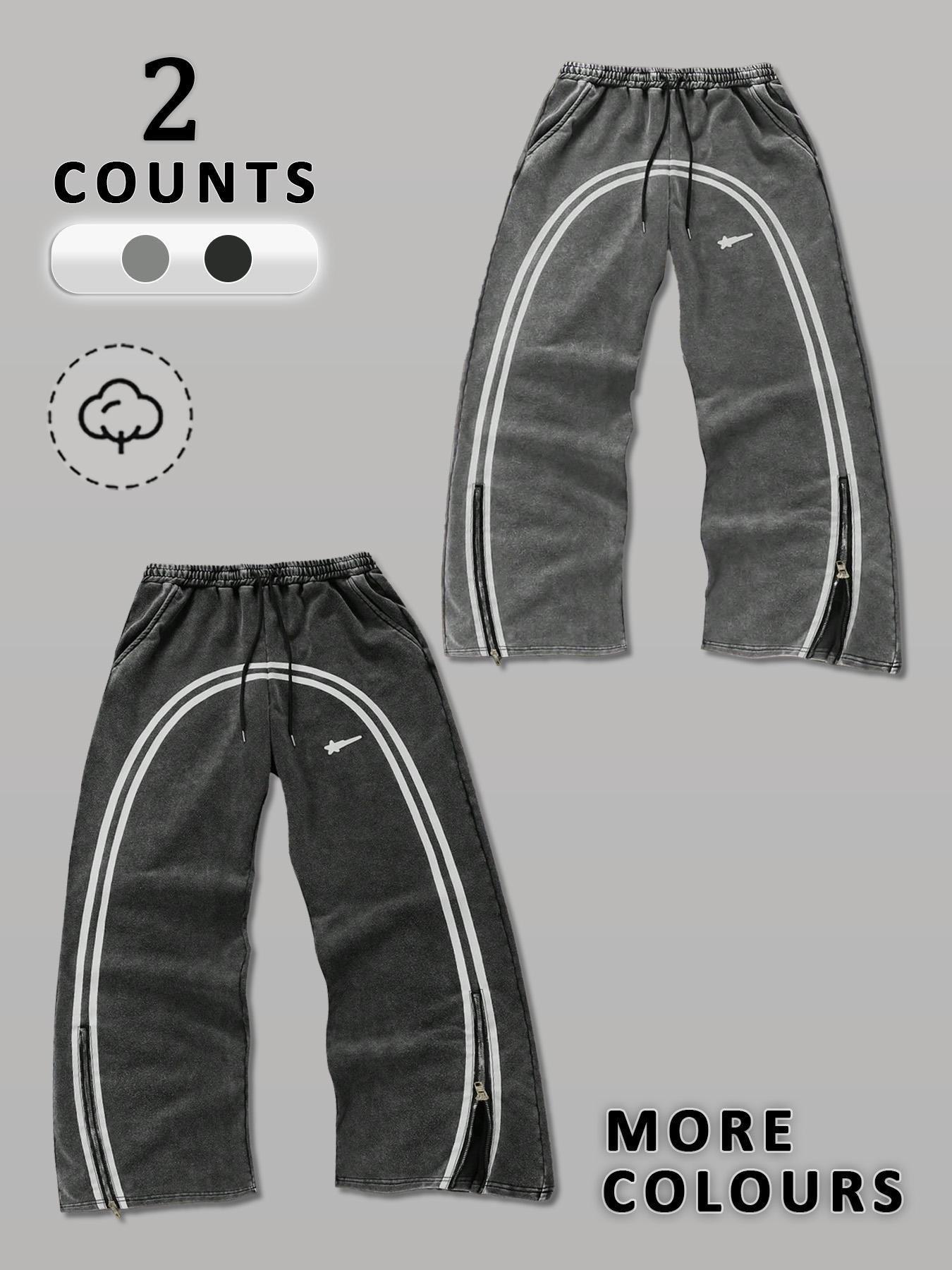 Men's Star & Striped Print Washed Distressed Drawstring Waist Sports Sweatpants, Regular Fit Casual Comfy Fashion Pocket & Zipper Design Pants for Fall & Winter, Sports Bottoms, Casual Athletic Pants, Athleisure Style Bottoms