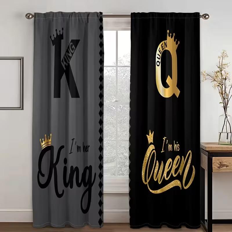 2 pieces of black text and golden crown artistic design printed curtains for king and queen. Made of polyester, semi-transparent material, machine washable. Suitable for bedrooms, living rooms and home decoration.