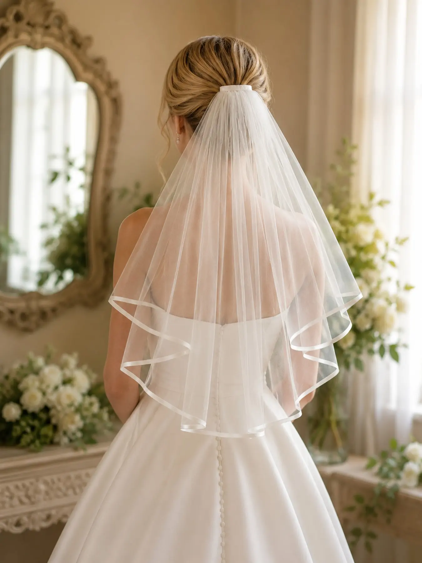 An 80cm two-tier bridal veil featuring an elegant satin-edged design. Crafted from soft tulle, this veil is perfect for brides. It is an ideal romantic accessory—available in white or ivory—for wedding ceremonies, receptions, church weddings, engagement c