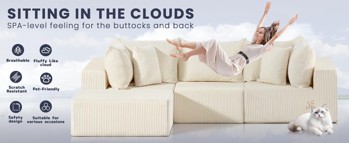 Winzoo 104" Cloud Sectional Couch with Sponge Cushion,Modern Modular L Shaped Sofa,Upholstered Couches for Living Room Furniture Bedroom Apartment