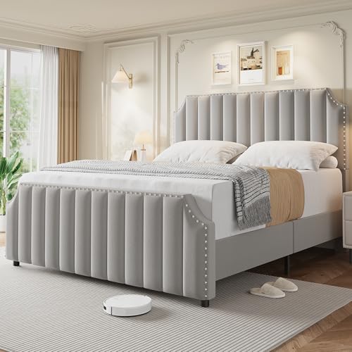 King Size Platform Bed Frame with 50.2" Tall Headboard, Velvet Upholstered Bed Frame King with Vertical Channel Tufted Headboard & Footboard, Nailhead Trim, No Box Spring Needed