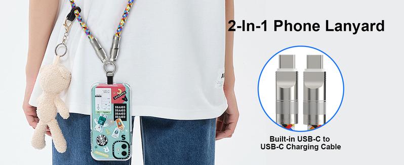 Phone Lanyard Built-in USB-C to Lighting Fast Charging Cable, Universal Crossbody Patch Phone Lanyards, Cross-body Lanyard,  4.1ft Phone Strap
