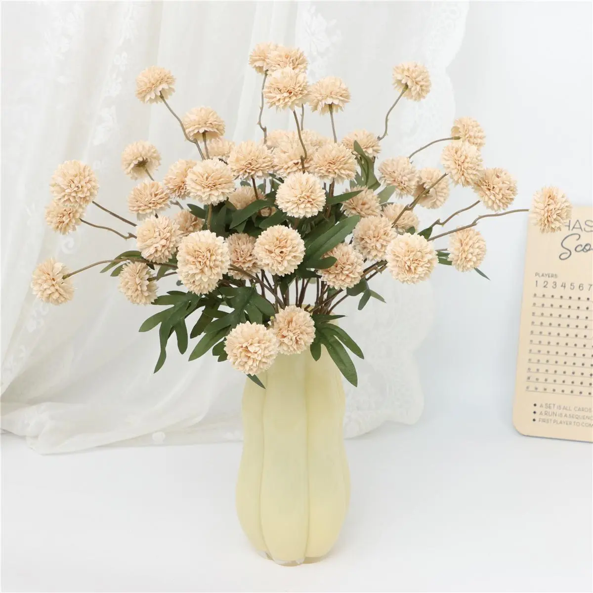 Cream Beige Silk Fabric Artificial Globe Amaranth & Faux Pom Pom Chrysanthemum Single Long-Stem Fake Flowers, 1-Piece Adjustable Home Decor for Vase Arrangement, Wedding, Table Plants